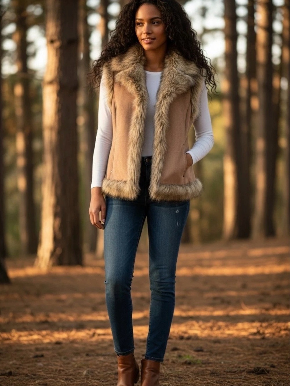 Tasha Polizzi Tan Faux-Suede Vest with Beige Fur Trim